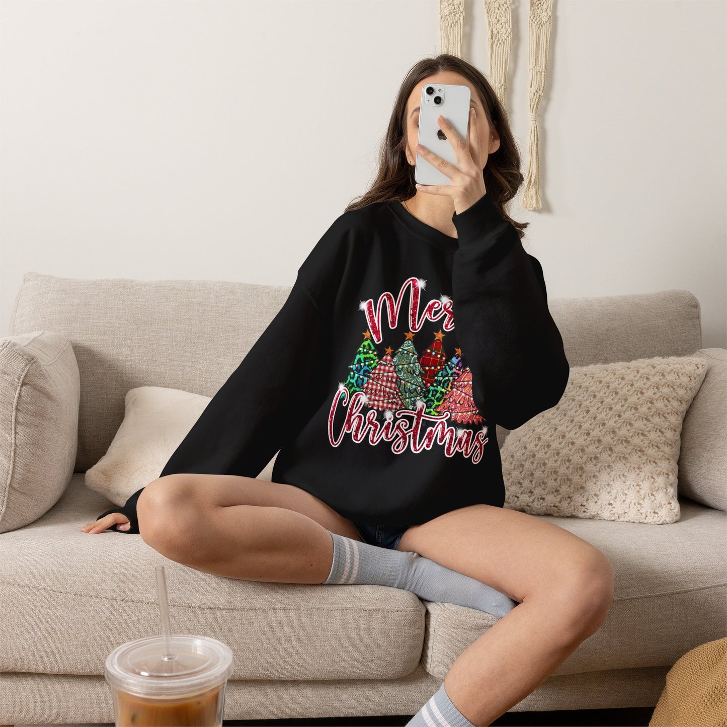 Merry Christmas Crewneck Sweatshirt - Festive Plaid Christmas Trees Holiday Sweatshirt