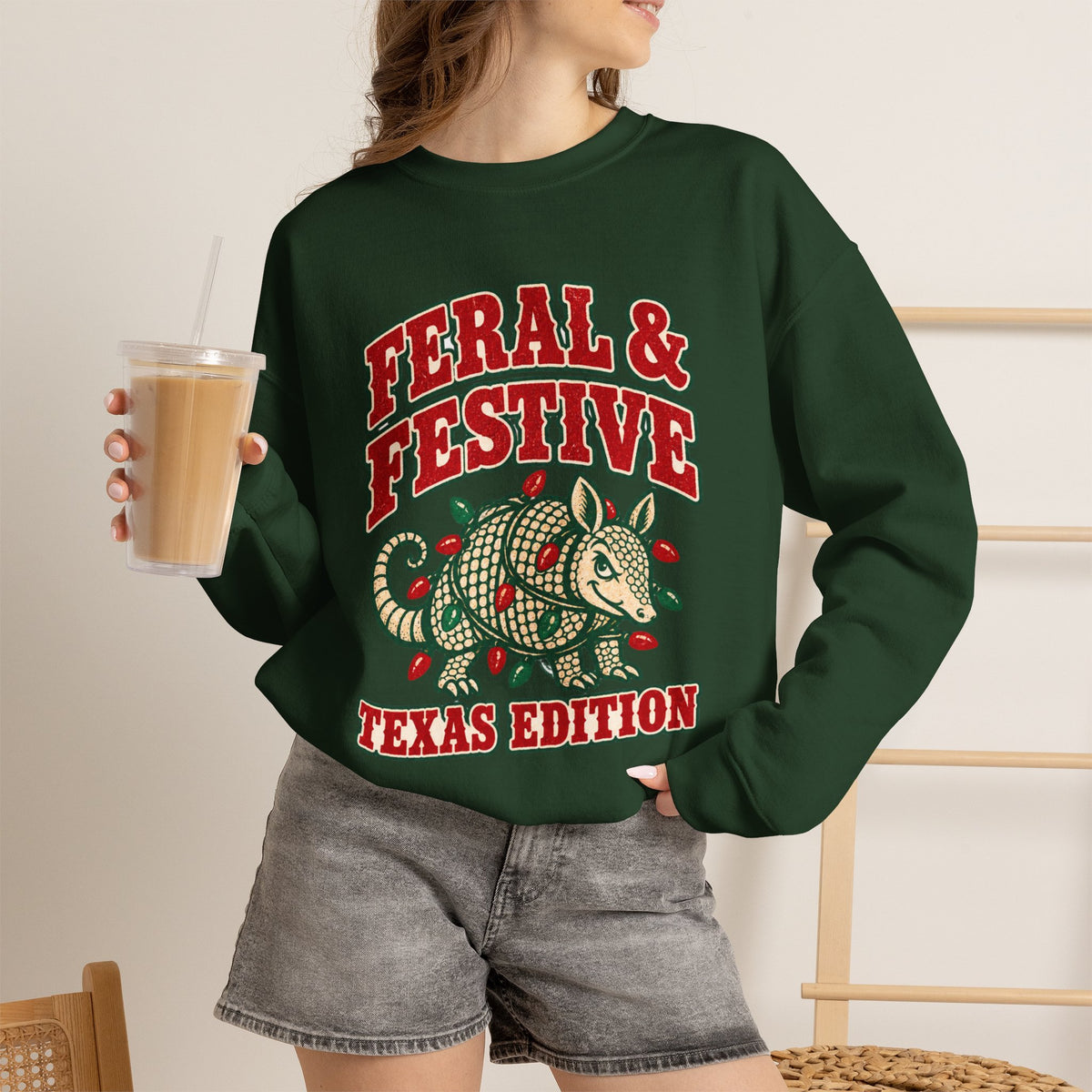 Feral & Festive Texas Edition Christmas Sweatshirt, Funny Armadillo Holiday Crewneck