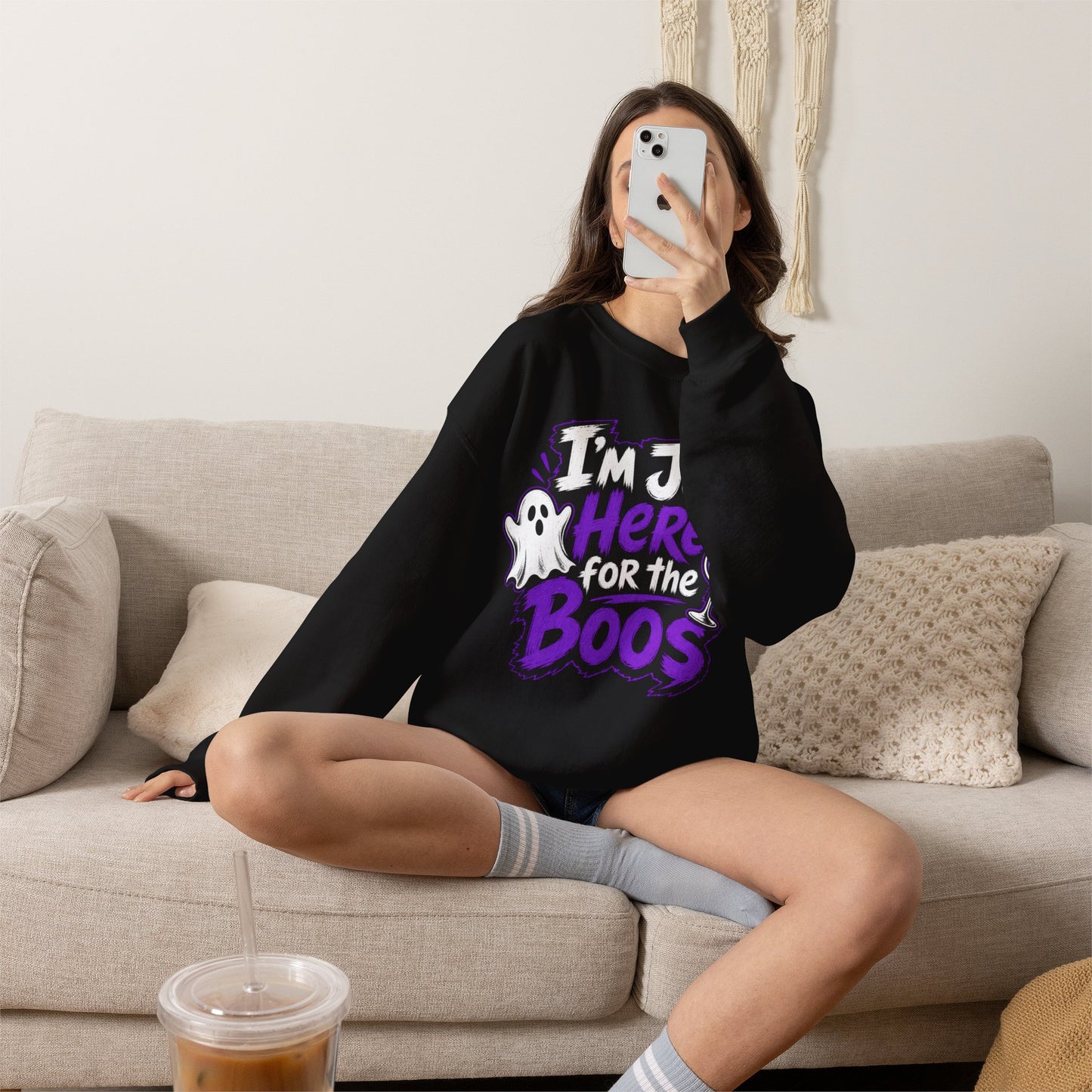 I'm Just Here for the Boos Halloween Sweatshirt — Ghost & Wine Graphic Crewneck