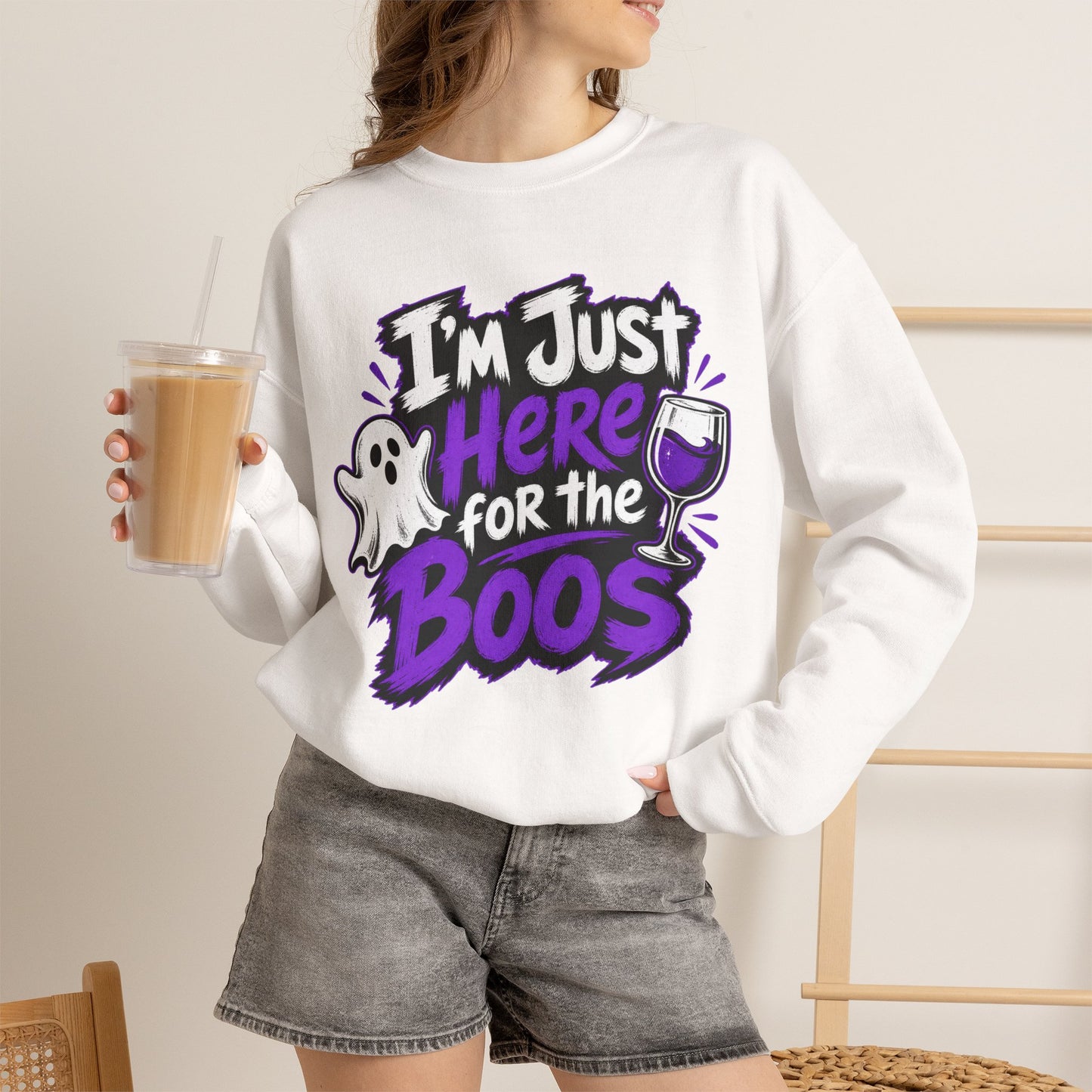 I'm Just Here for the Boos Halloween Sweatshirt — Ghost & Wine Graphic Crewneck