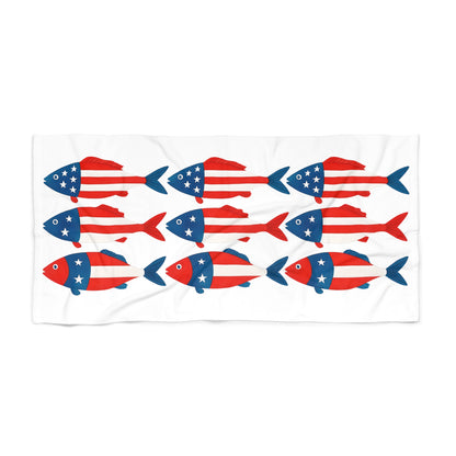 Patriotic Fish Beach Towel – American Flag Red White Blue Summer Towel