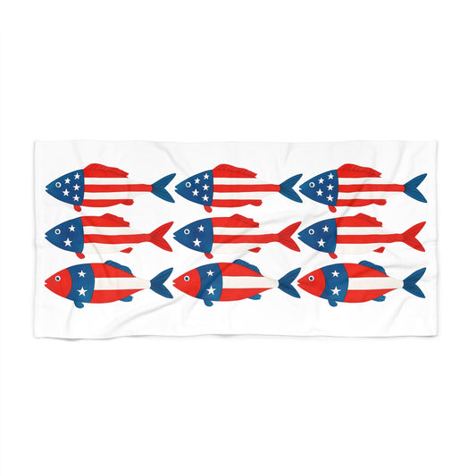 Patriotic Fish Beach Towel – American Flag Red White Blue Summer Towel