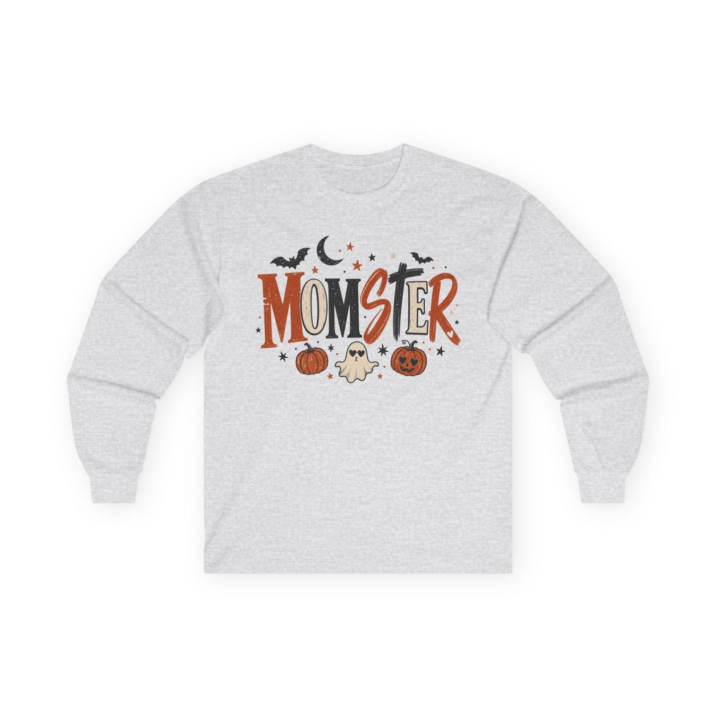 Momster Halloween Long Sleeve T-Shirt — Cute Spooky Mom Shirt with Pumpkins & Ghosts