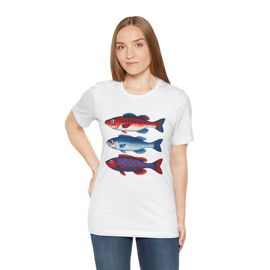 Americana Fish Trio Graphic Tee — Nautical Red & Blue Coastal T-Shirt