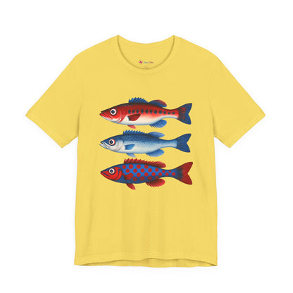 Americana Fish Trio Graphic Tee — Nautical Red & Blue Coastal T-Shirt