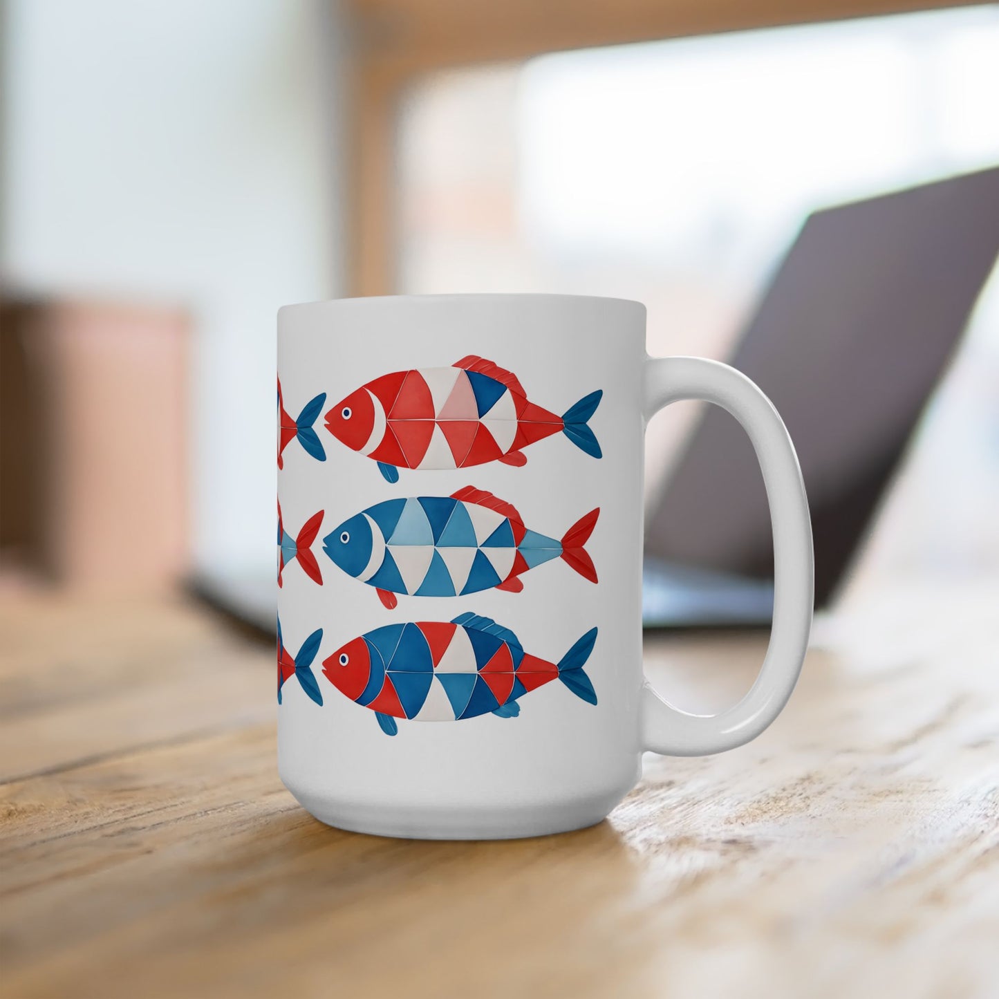Red, White & Blue Fish Pattern Coffe Cup Ceramic Mug (11oz, 15oz)