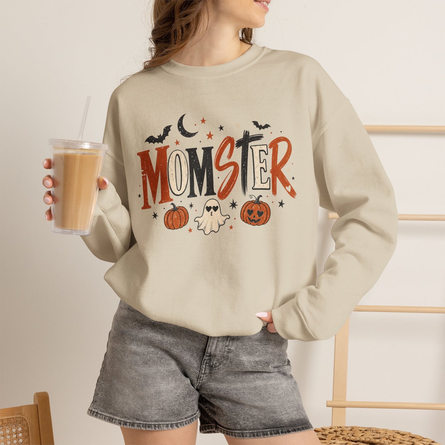 Momster Halloween Sweatshirt — Cute Momster Ghost & Pumpkins Crewneck