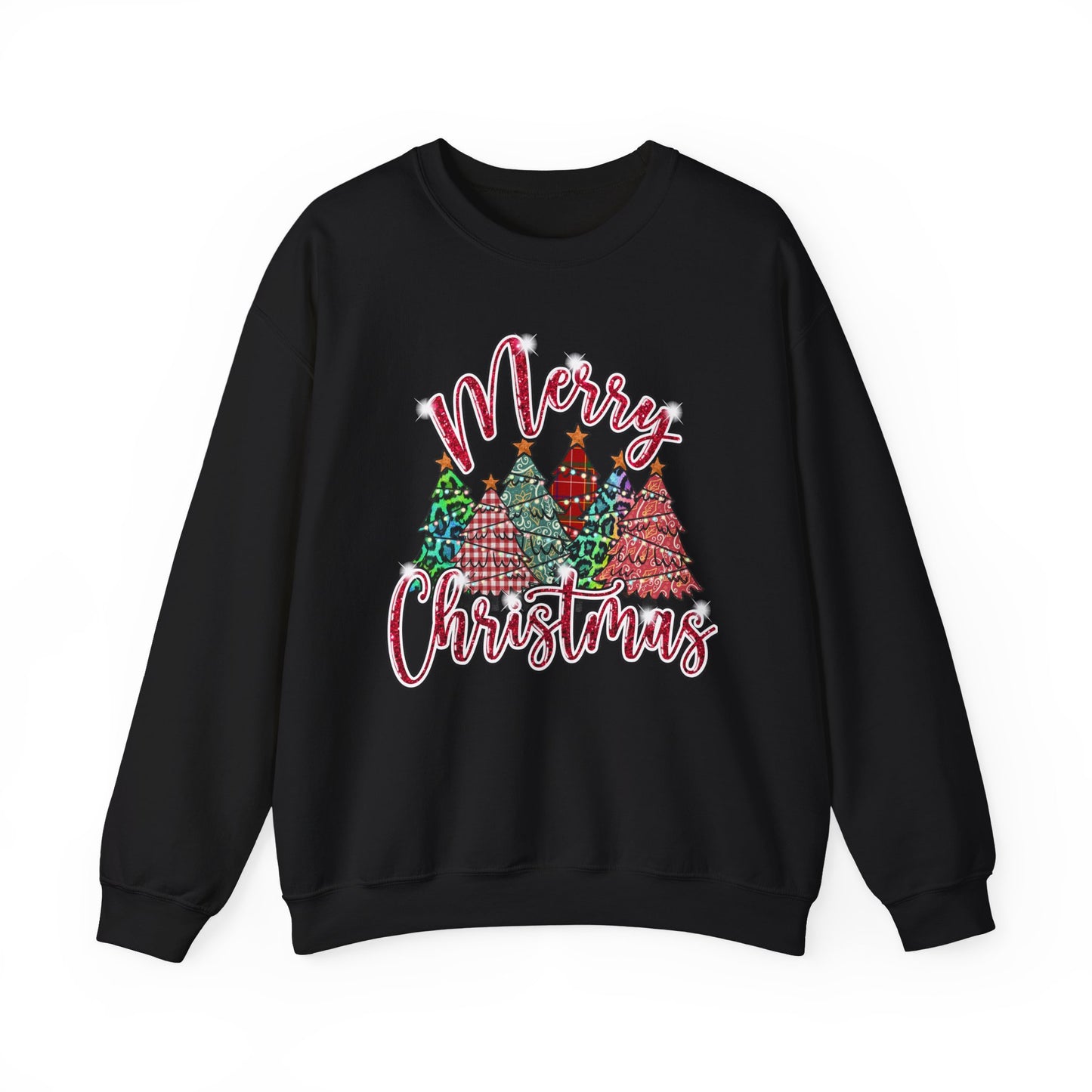 Merry Christmas Crewneck Sweatshirt - Festive Plaid Christmas Trees Holiday Sweatshirt