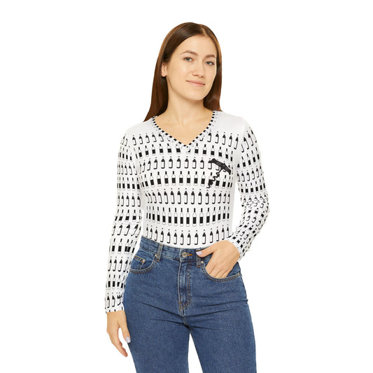 Women's Long Sleeve Shirt - Mini Wine Bottles and Cork Screw with Hearts Design