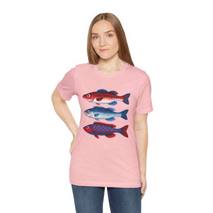 Americana Fish Trio Graphic Tee — Nautical Red & Blue Coastal T-Shirt