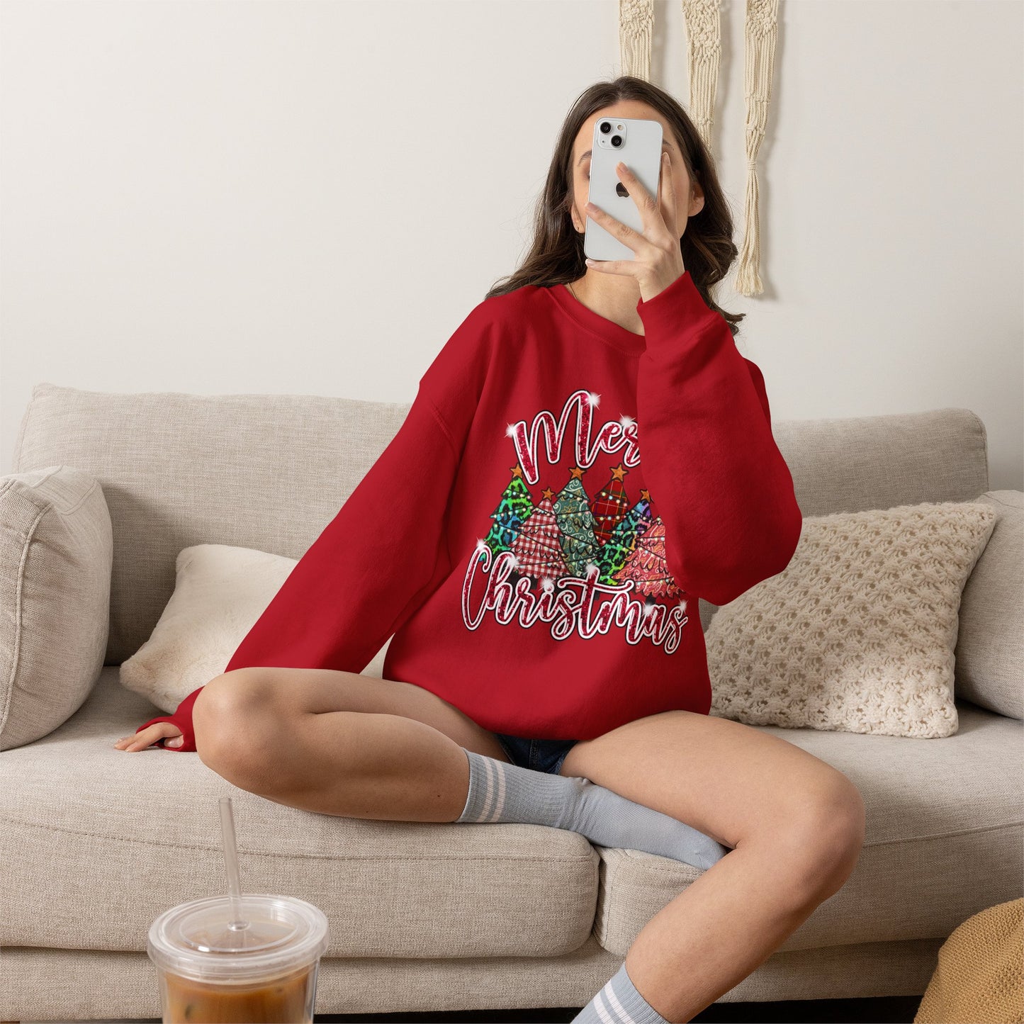 Merry Christmas Crewneck Sweatshirt - Festive Plaid Christmas Trees Holiday Sweatshirt
