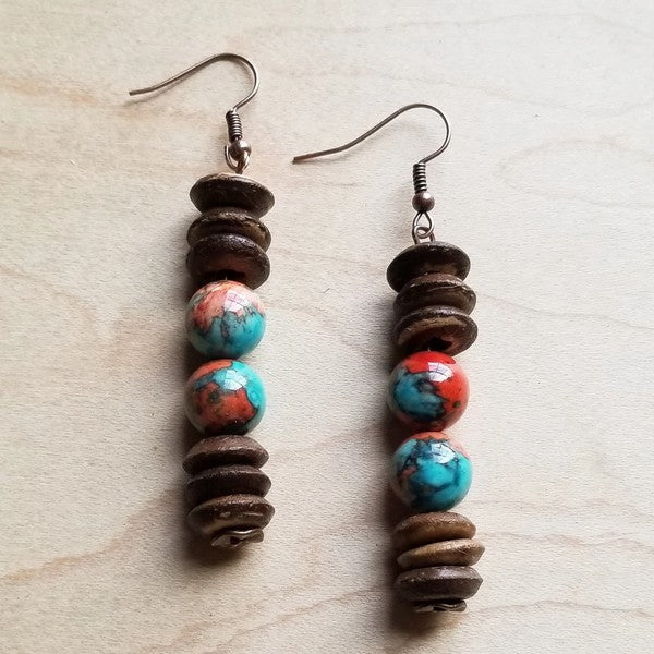 Multi-Colored Turquoise and Wood Earrings