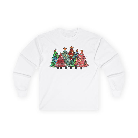 Colorful Plaid Christmas Trees T-Shirt Long Sleeve