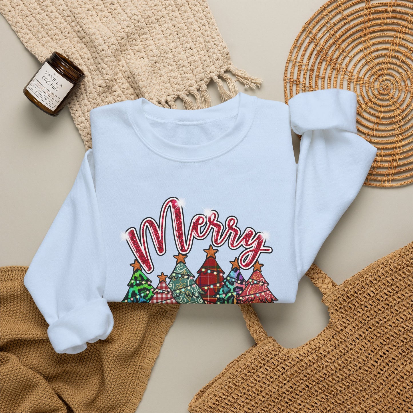 Merry Christmas Crewneck Sweatshirt - Festive Plaid Christmas Trees Holiday Sweatshirt