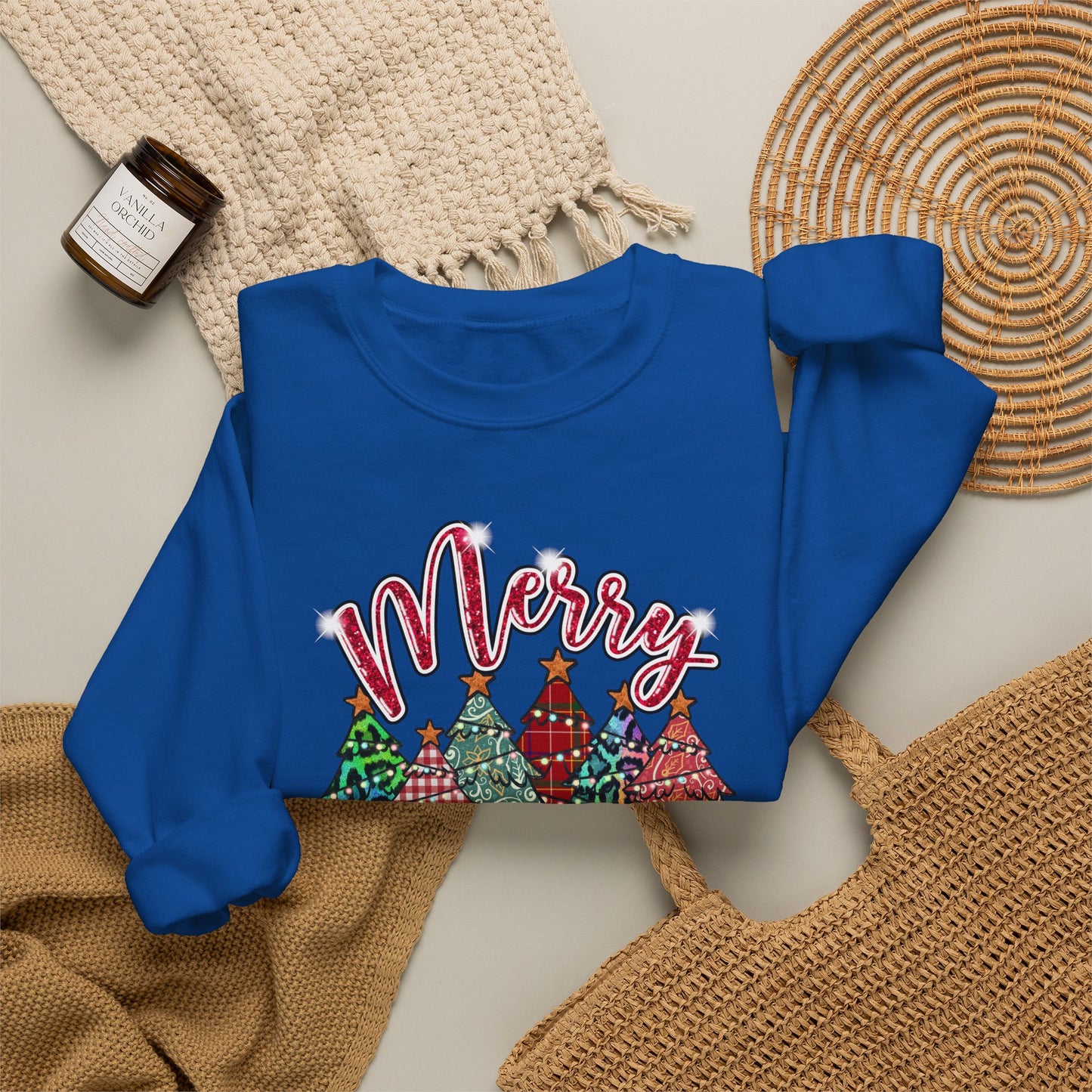 Merry Christmas Crewneck Sweatshirt - Festive Plaid Christmas Trees Holiday Sweatshirt