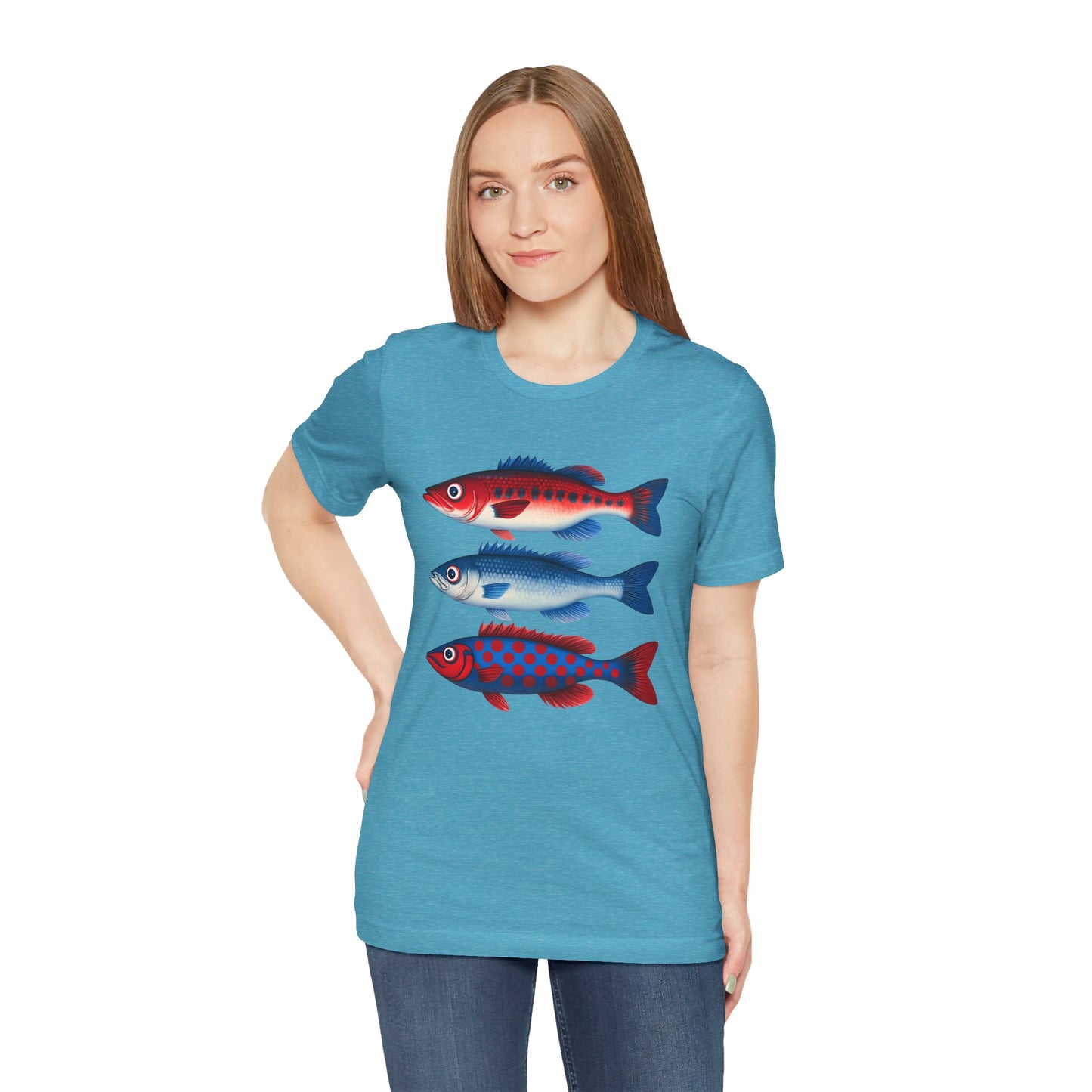 Americana Fish Trio Graphic Tee — Nautical Red & Blue Coastal T-Shirt