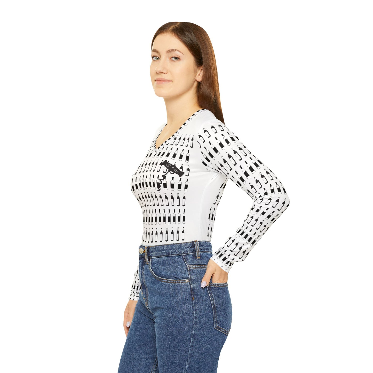 Women's Long Sleeve Shirt - Mini Wine Bottles and Cork Screw with Hearts Design