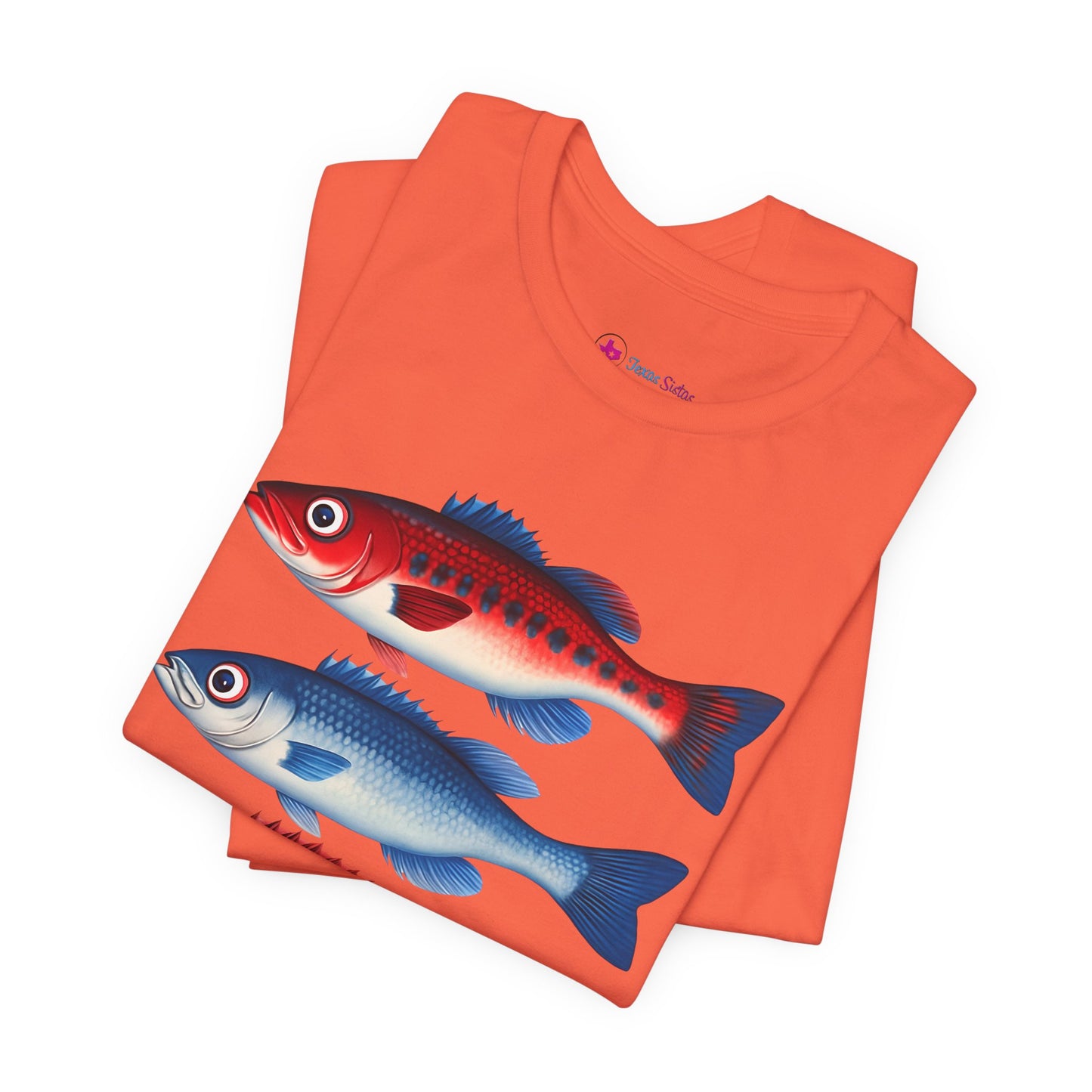 Americana Fish Trio Graphic Tee — Nautical Red & Blue Coastal T-Shirt
