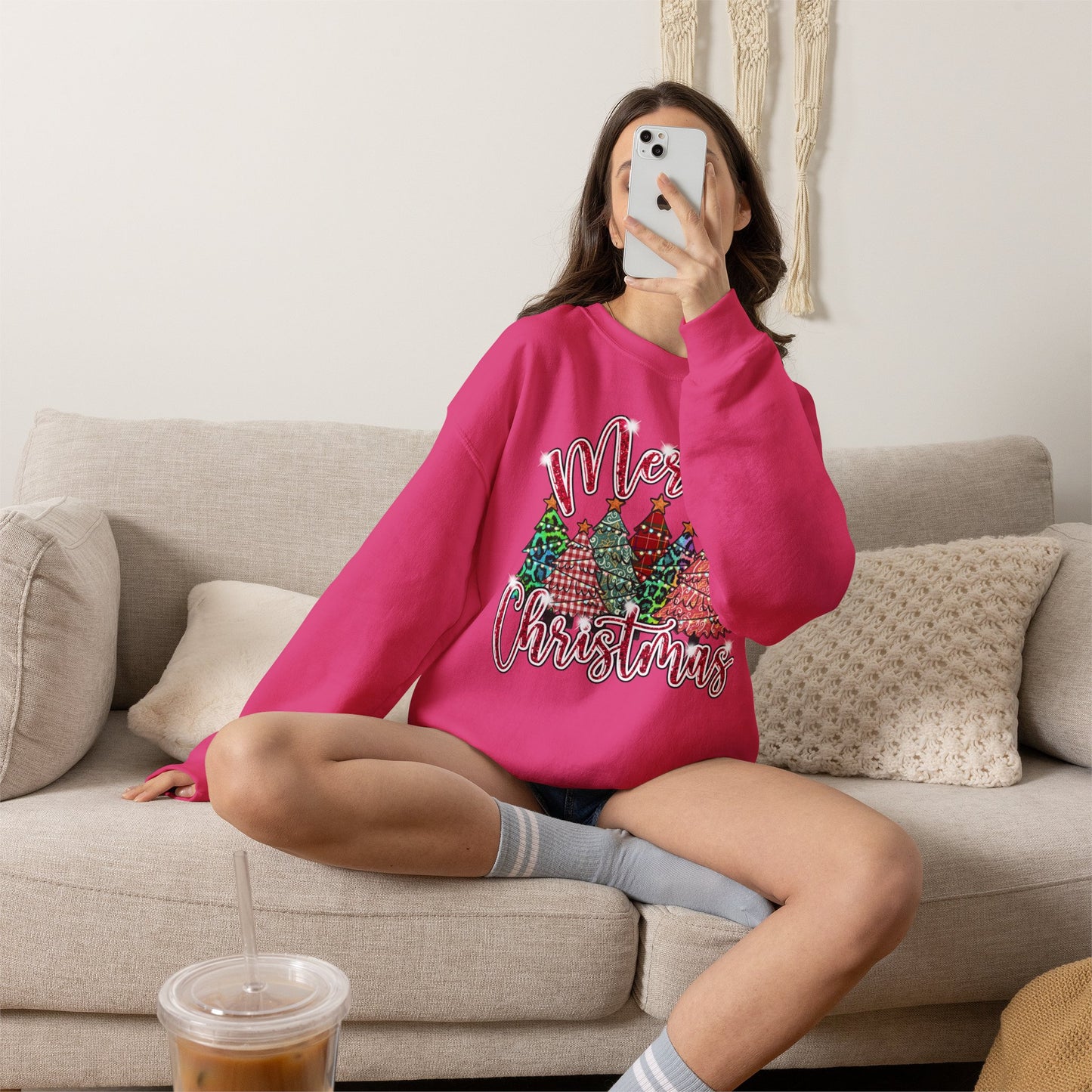 Merry Christmas Crewneck Sweatshirt - Festive Plaid Christmas Trees Holiday Sweatshirt