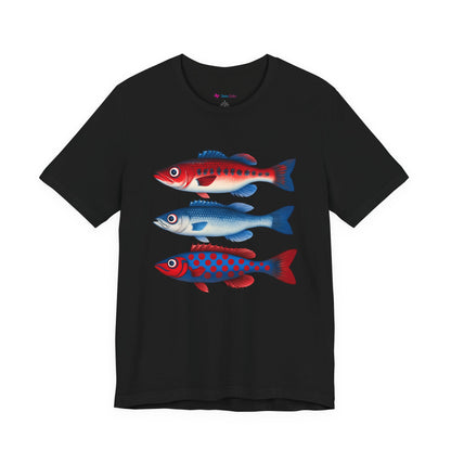 Americana Fish Trio Graphic Tee — Nautical Red & Blue Coastal T-Shirt