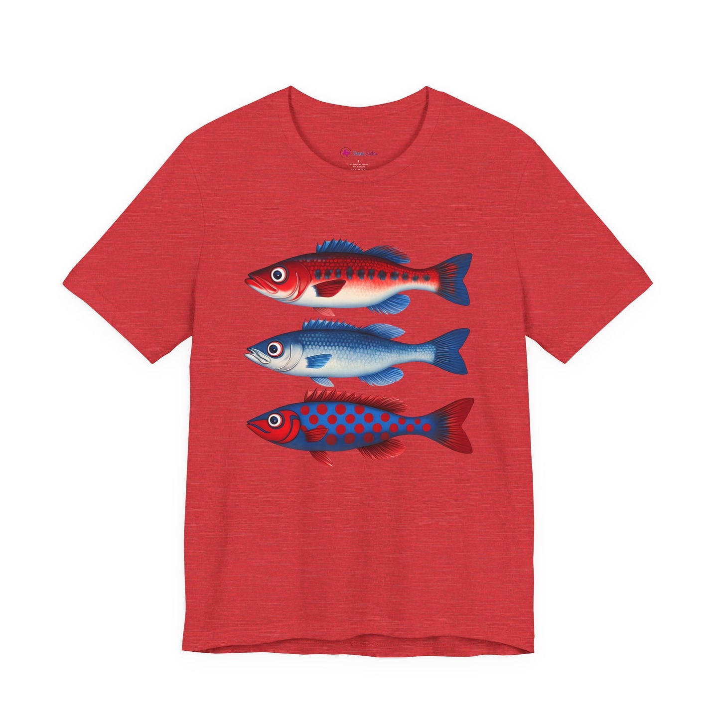 Americana Fish Trio Graphic Tee — Nautical Red & Blue Coastal T-Shirt
