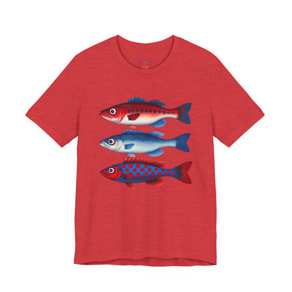 Americana Fish Trio Graphic Tee — Nautical Red & Blue Coastal T-Shirt