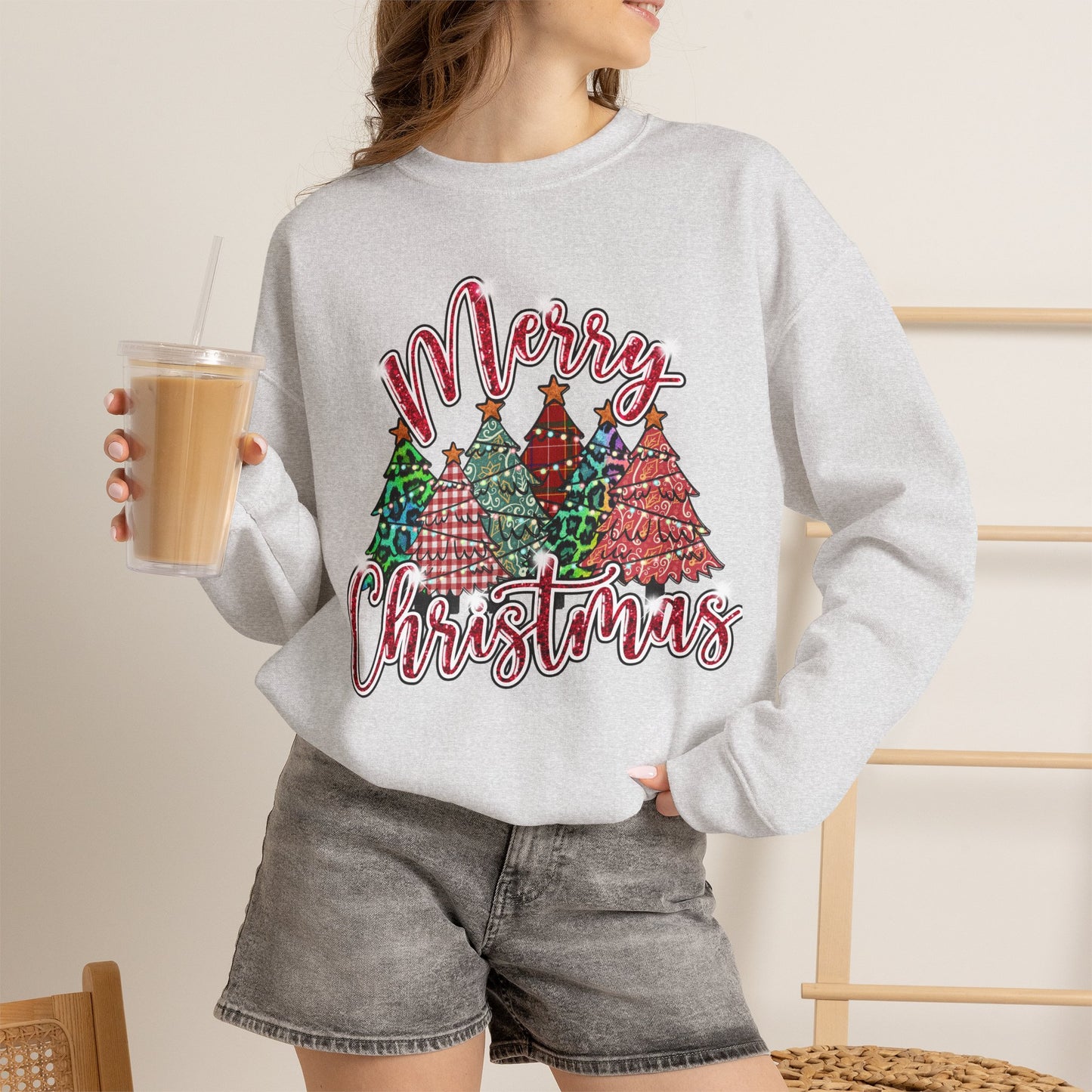 Merry Christmas Crewneck Sweatshirt - Festive Plaid Christmas Trees Holiday Sweatshirt