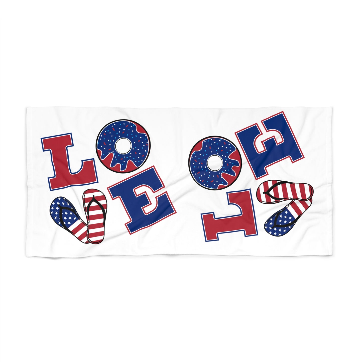 Patriotic LOVE Beach Towel – American Flag Flip-Flop & Donut Summer Design