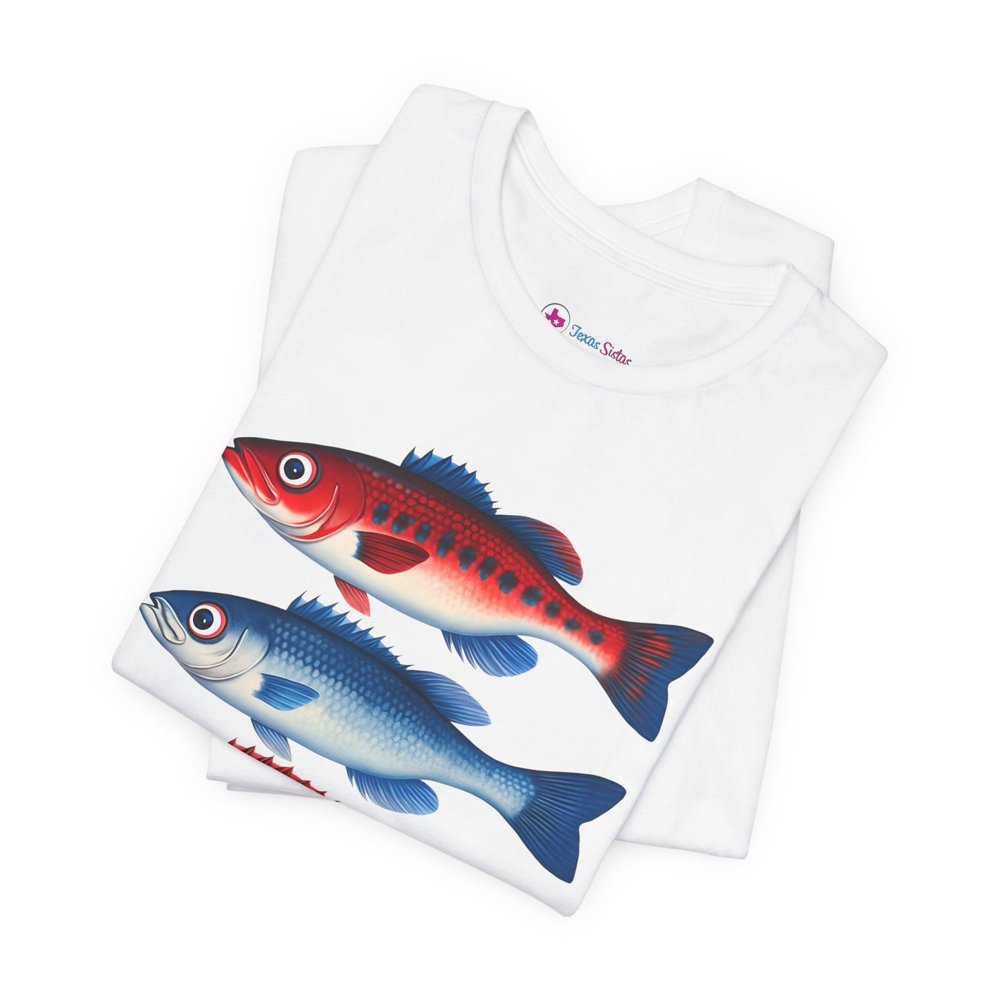 Americana Fish Trio Graphic Tee — Nautical Red & Blue Coastal T-Shirt