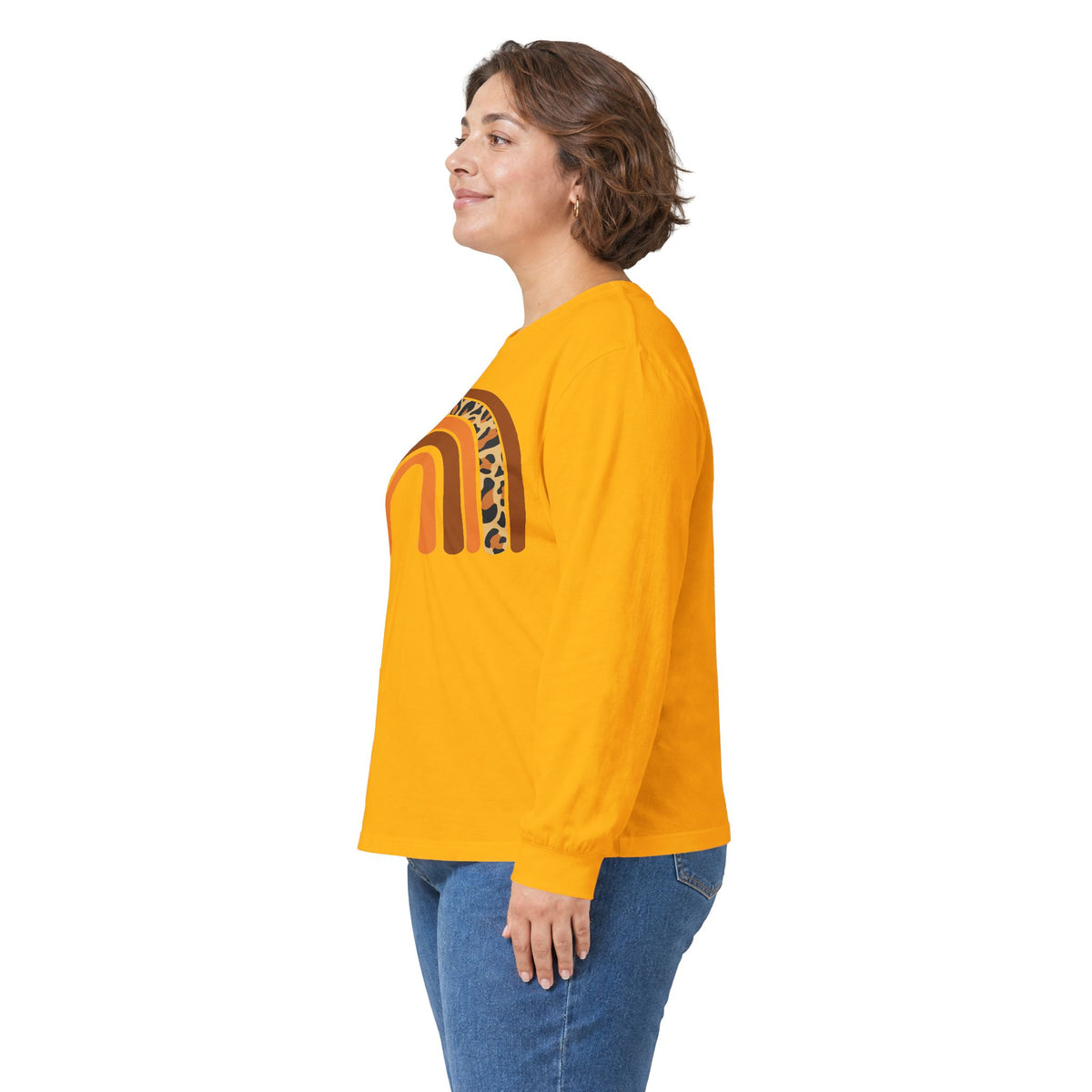 Retro FALL Leopard Rainbow Long Sleeve T-Shirt — Boho Earth-Tone Graphic Shirt