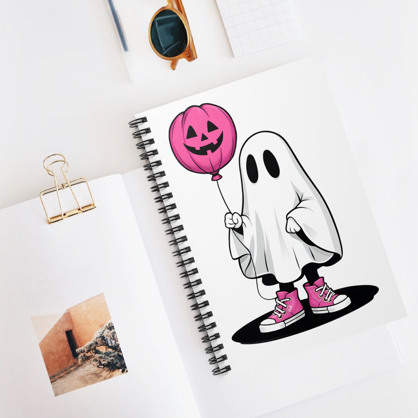 Cute Halloween Ghost Notebook, Spiral Journal, Halloween Gift, Spooky Note-taking, Pink Balloon Design, School Supplies