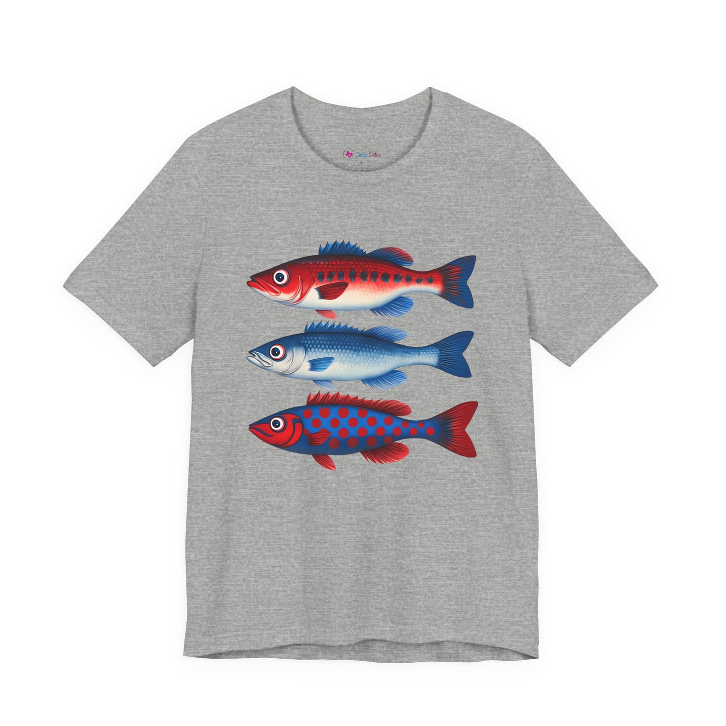 Americana Fish Trio Graphic Tee — Nautical Red & Blue Coastal T-Shirt