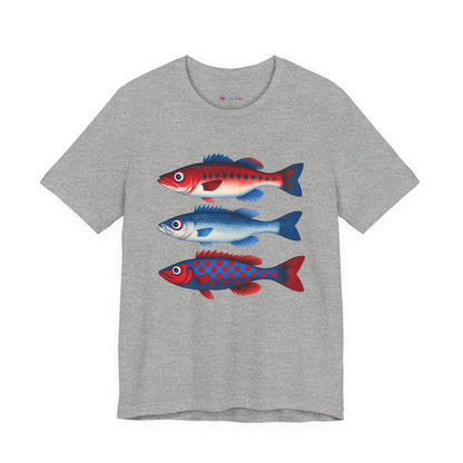 Americana Fish Trio Graphic Tee — Nautical Red & Blue Coastal T-Shirt