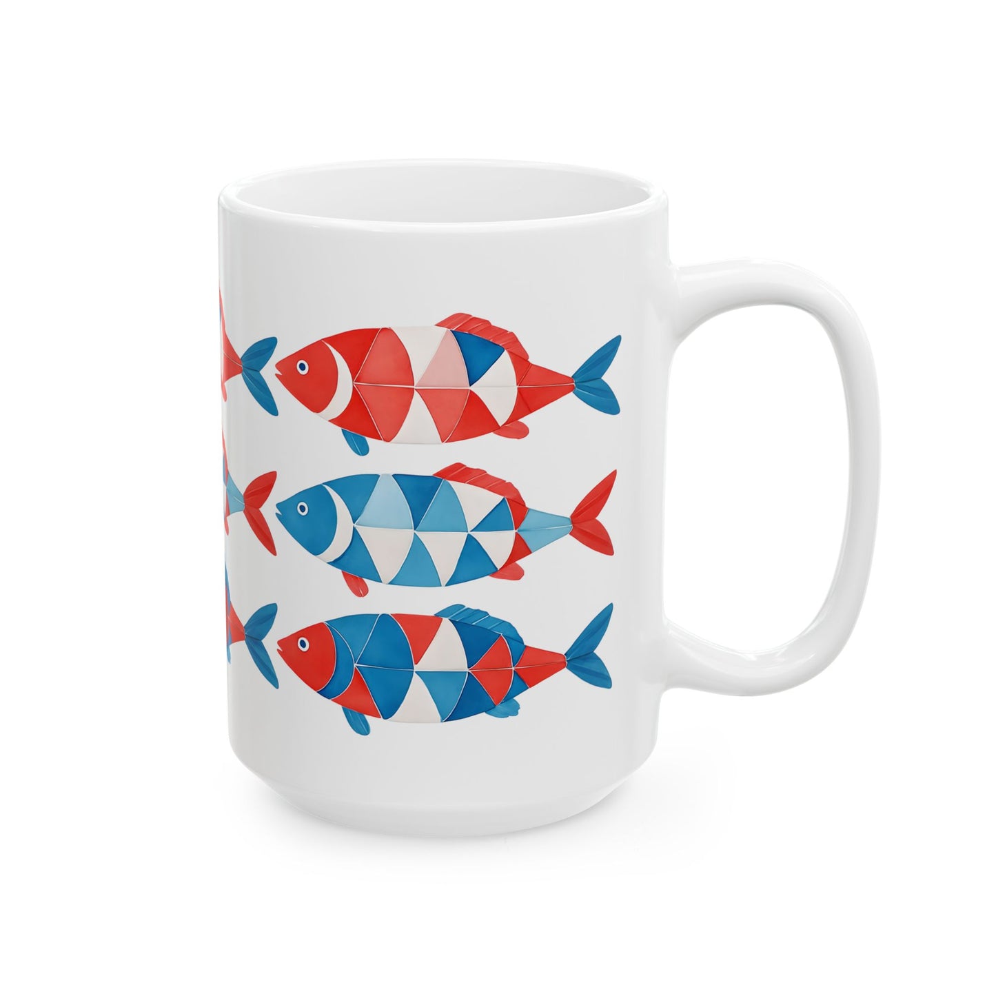 Red, White & Blue Fish Pattern Coffe Cup Ceramic Mug (11oz, 15oz)
