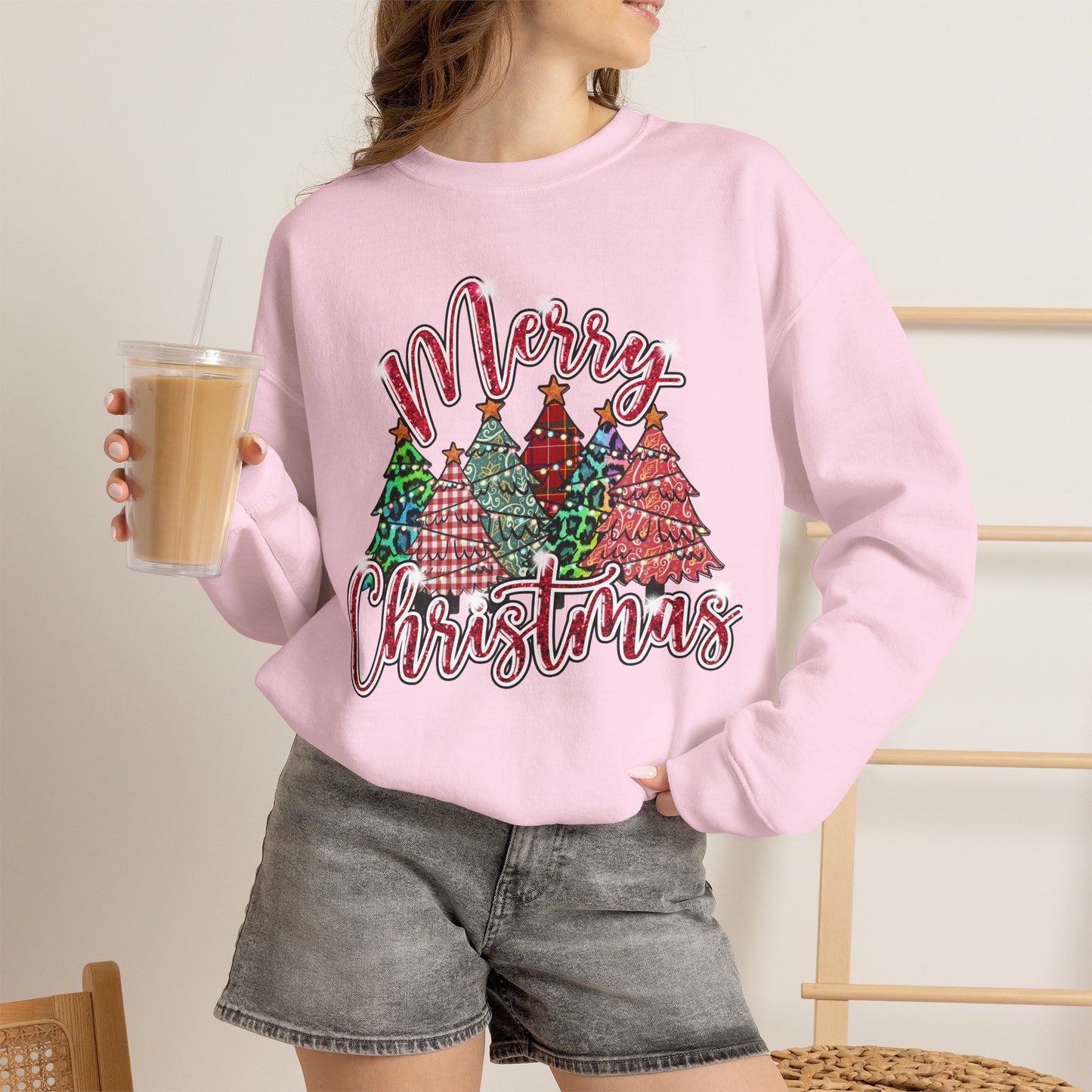 Merry Christmas Crewneck Sweatshirt - Festive Plaid Christmas Trees Holiday Sweatshirt