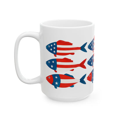 USA Flag Fish Ceramic Mug - Patriotic Ocean-Inspired Coffee Cup
