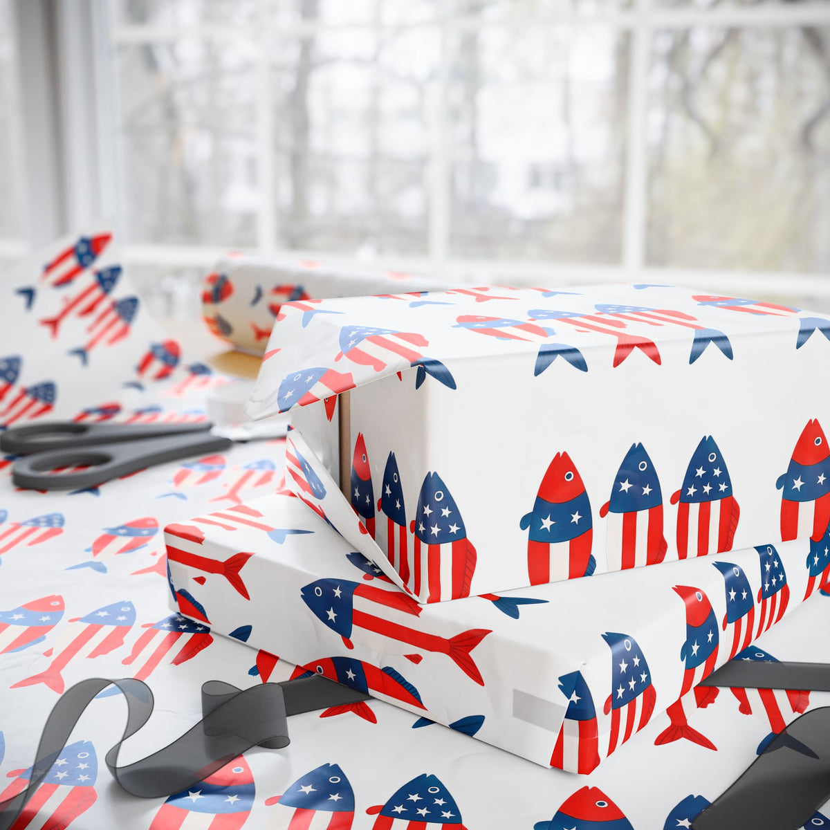 Patriotic Fish Wrapping Paper Roll - Christmas Holidays Anytime Fishing
