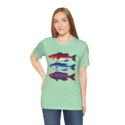 Americana Fish Trio Graphic Tee — Nautical Red & Blue Coastal T-Shirt
