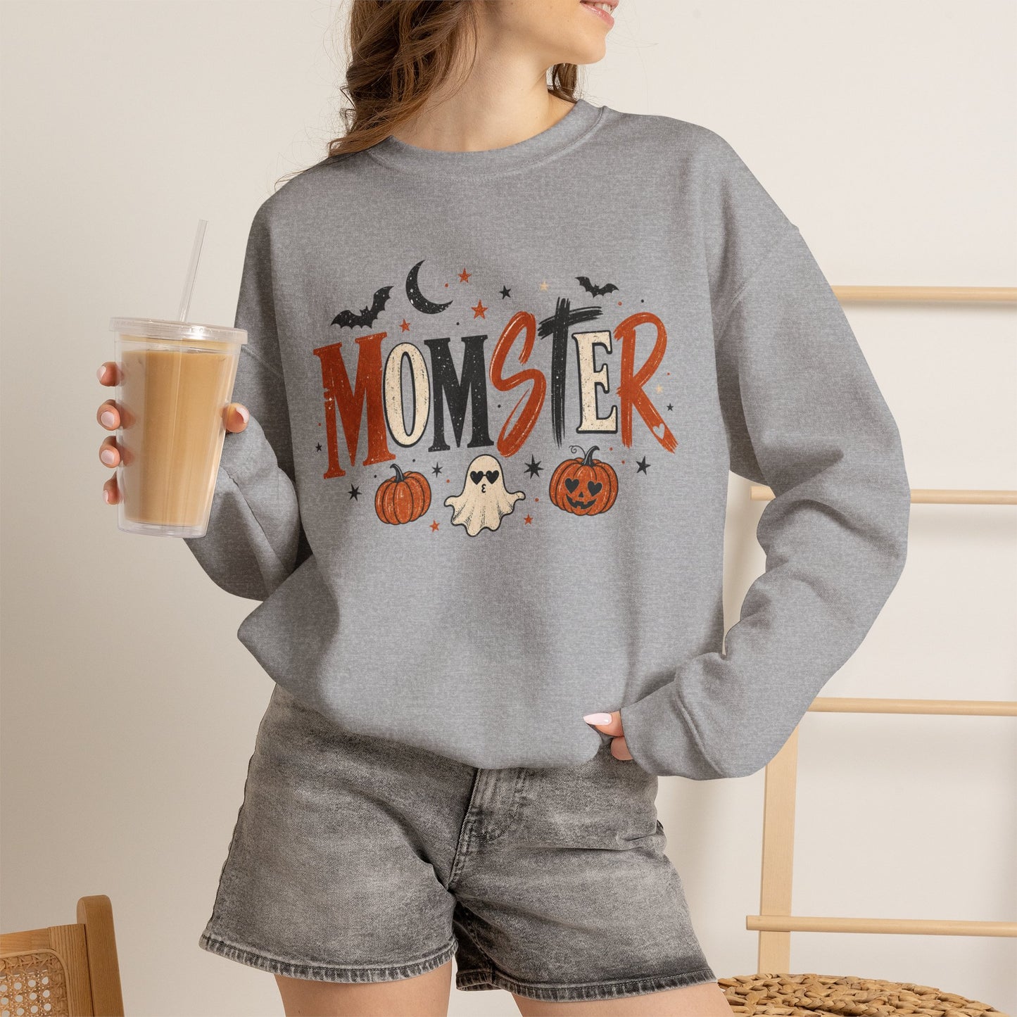 Momster Halloween Sweatshirt — Cute Momster Ghost & Pumpkins Crewneck