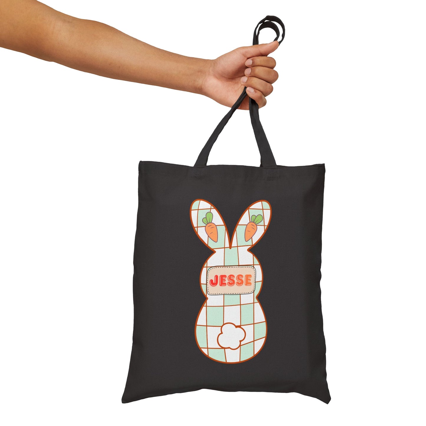Personalized Plaid Easter Bunny Tote Bag - Custom Name Cotton Canvas