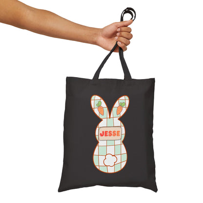 Personalized Plaid Easter Bunny Tote Bag - Custom Name Cotton Canvas