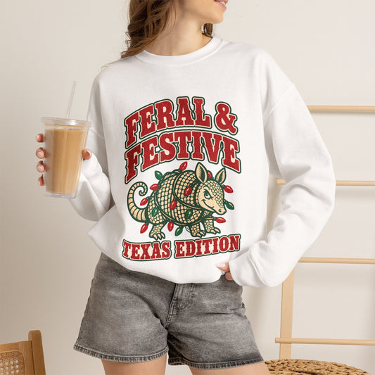Feral & Festive Texas Edition Christmas Sweatshirt, Funny Armadillo Holiday Crewneck