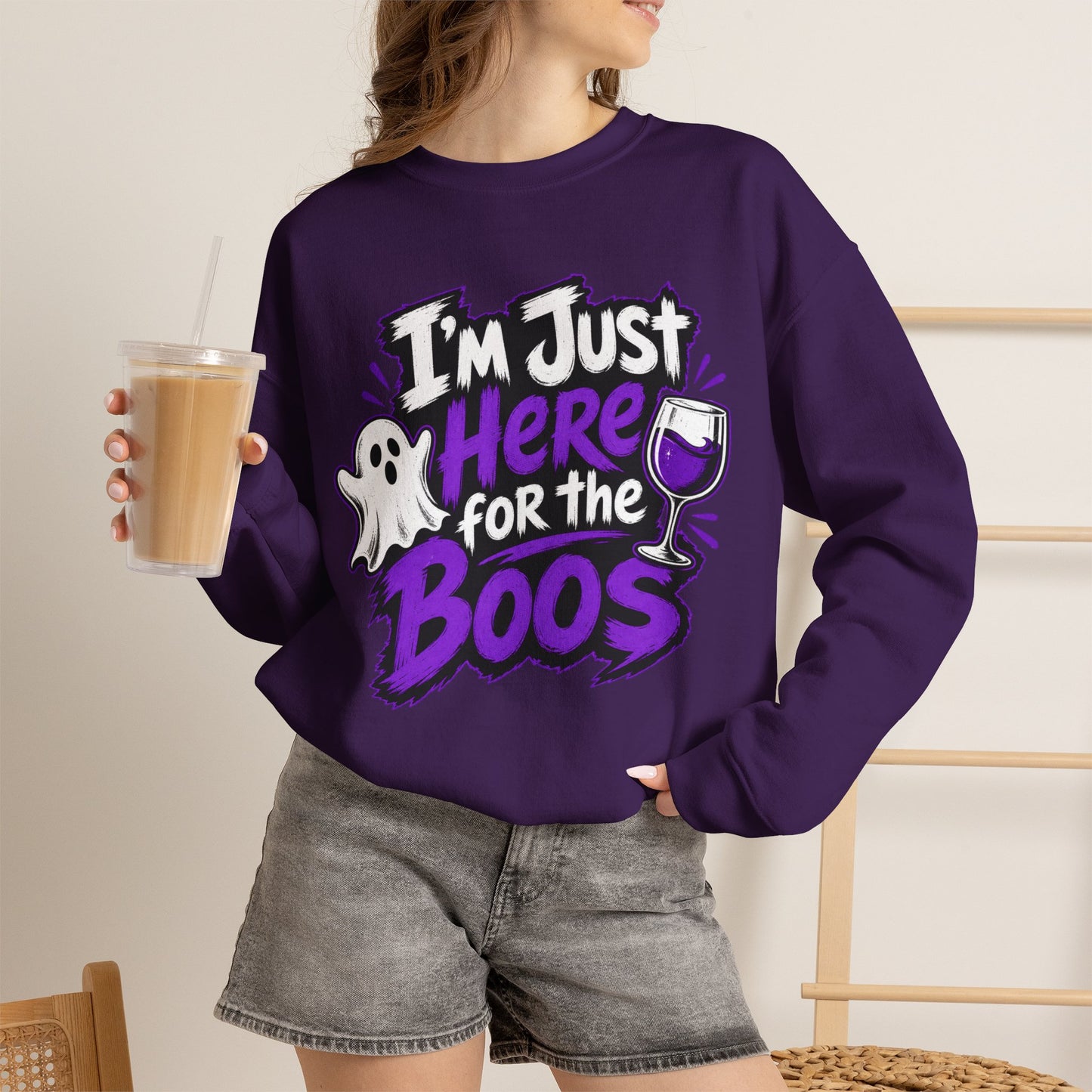 I'm Just Here for the Boos Halloween Sweatshirt — Ghost & Wine Graphic Crewneck