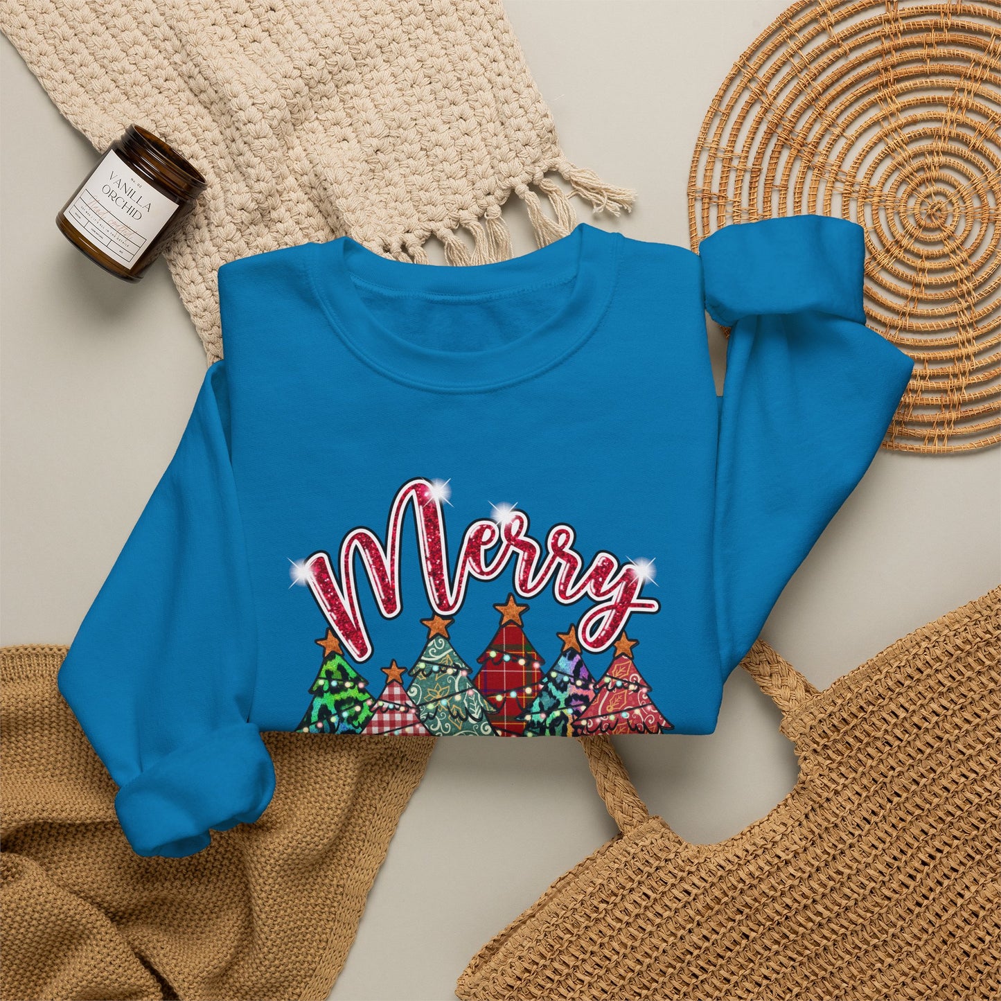 Merry Christmas Crewneck Sweatshirt - Festive Plaid Christmas Trees Holiday Sweatshirt