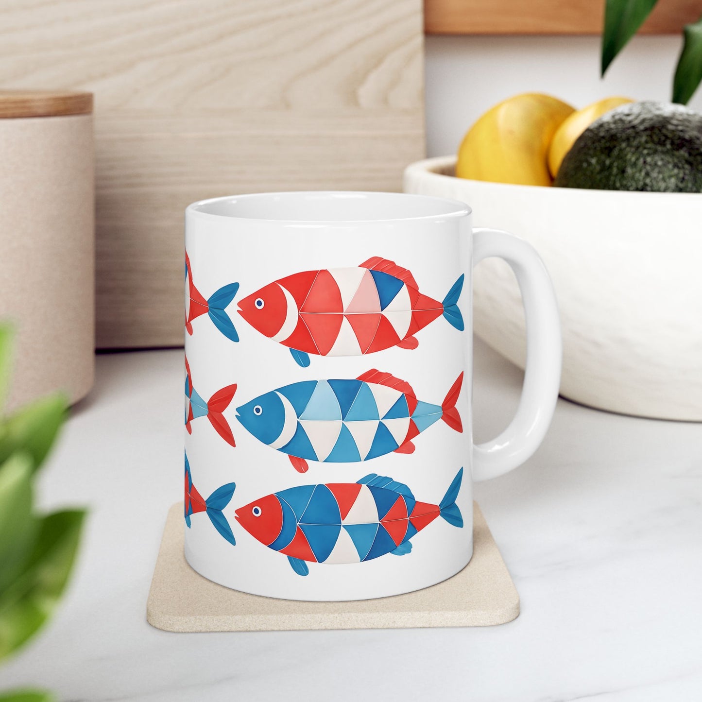 Red, White & Blue Fish Pattern Coffe Cup Ceramic Mug (11oz, 15oz)