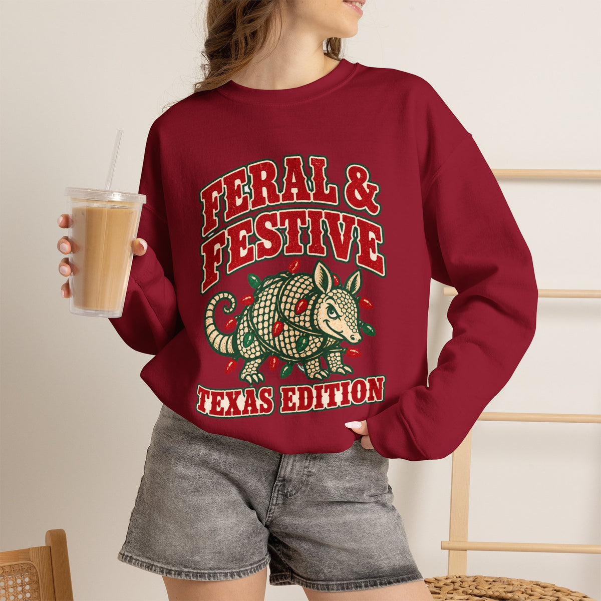 Feral & Festive Texas Edition Christmas Sweatshirt, Funny Armadillo Holiday Crewneck