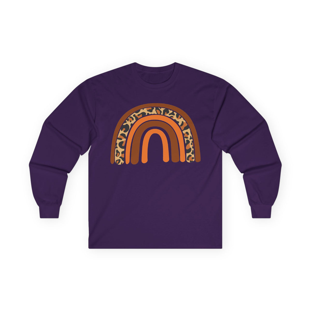 Retro FALL Leopard Rainbow Long Sleeve T-Shirt — Boho Earth-Tone Graphic Shirt