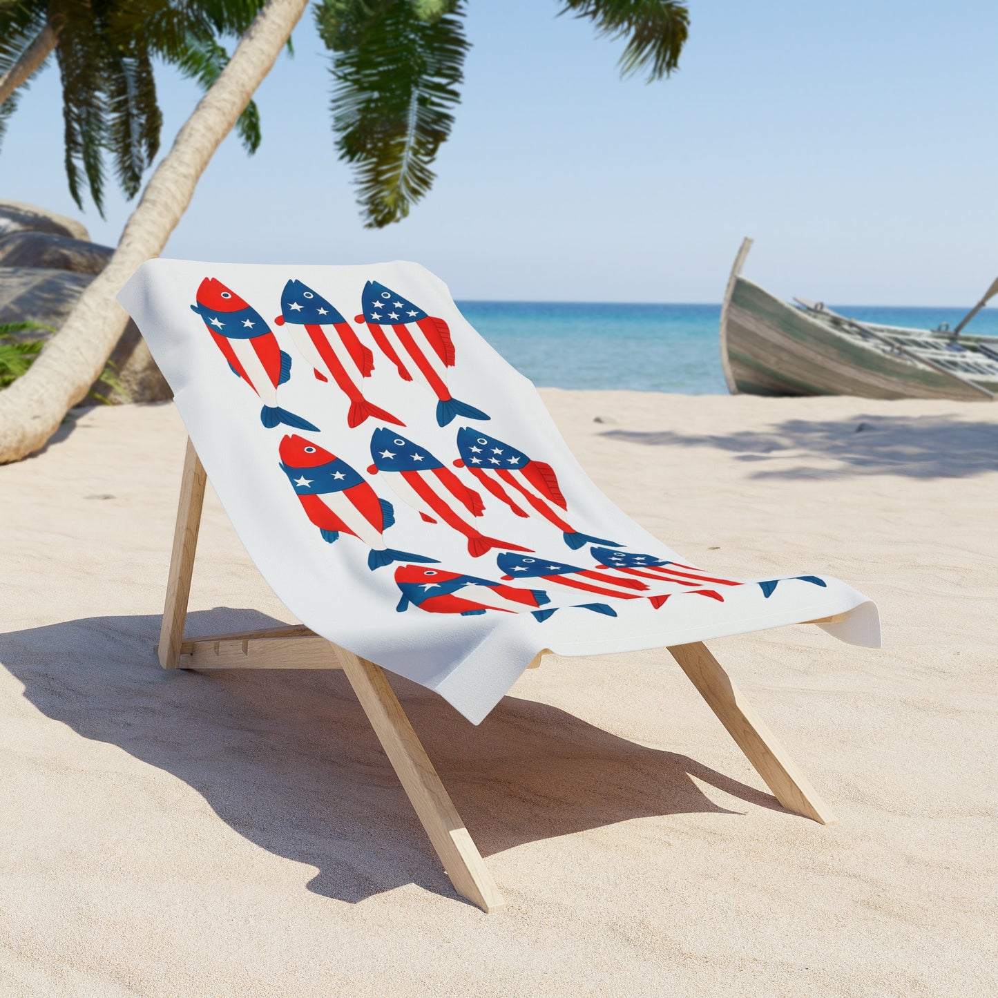 Patriotic Fish Beach Towel – American Flag Red White Blue Summer Towel