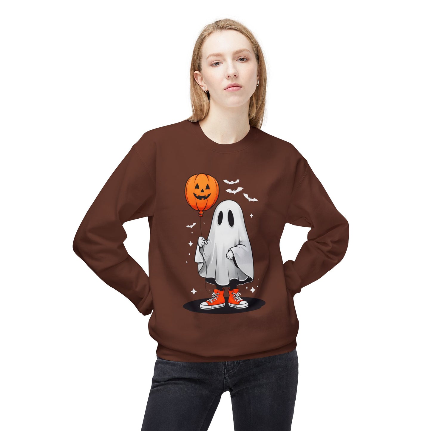 Ghostly Halloween Sweatshirt with Orange Pumpkin Balloon, Unisex Crewneck