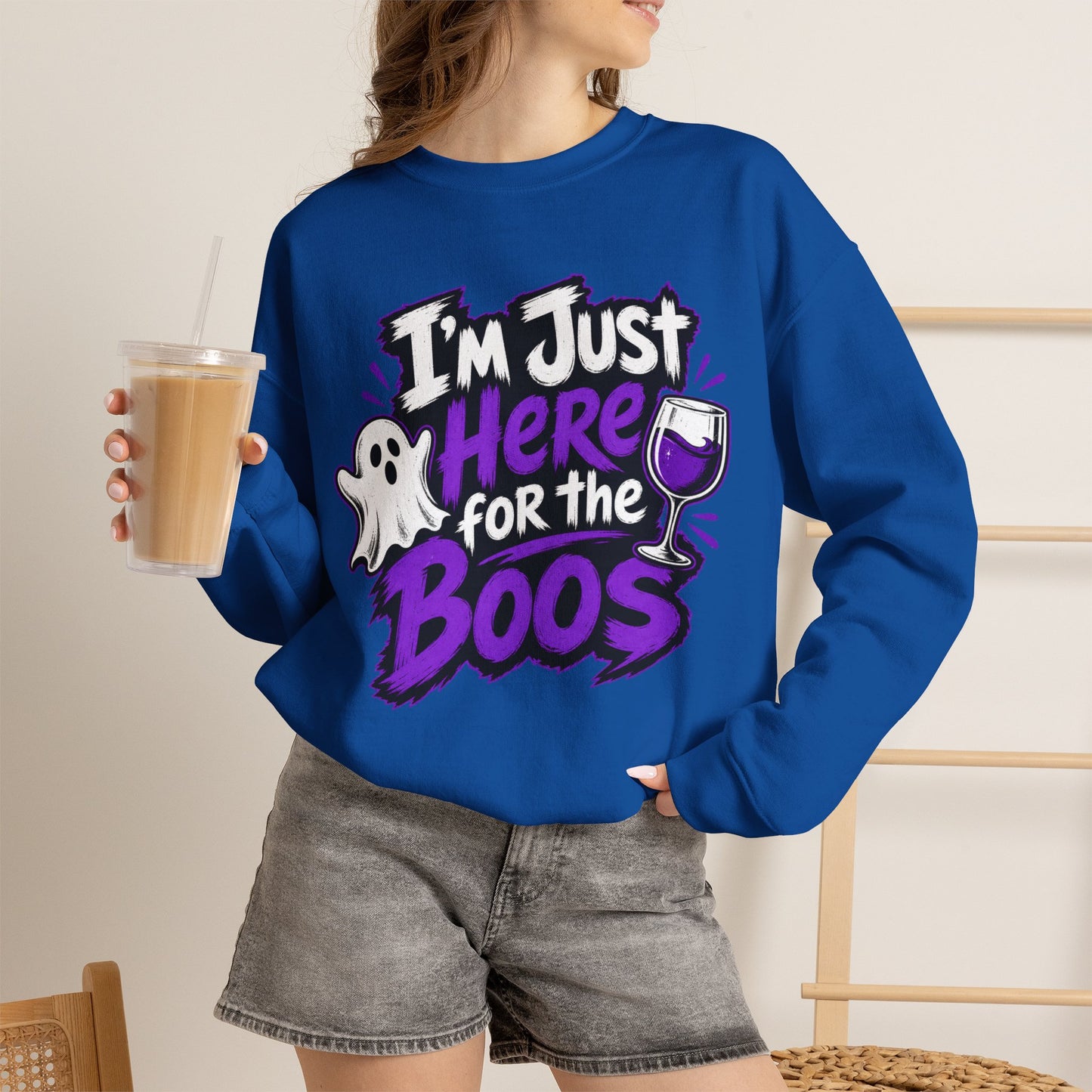 I'm Just Here for the Boos Halloween Sweatshirt — Ghost & Wine Graphic Crewneck